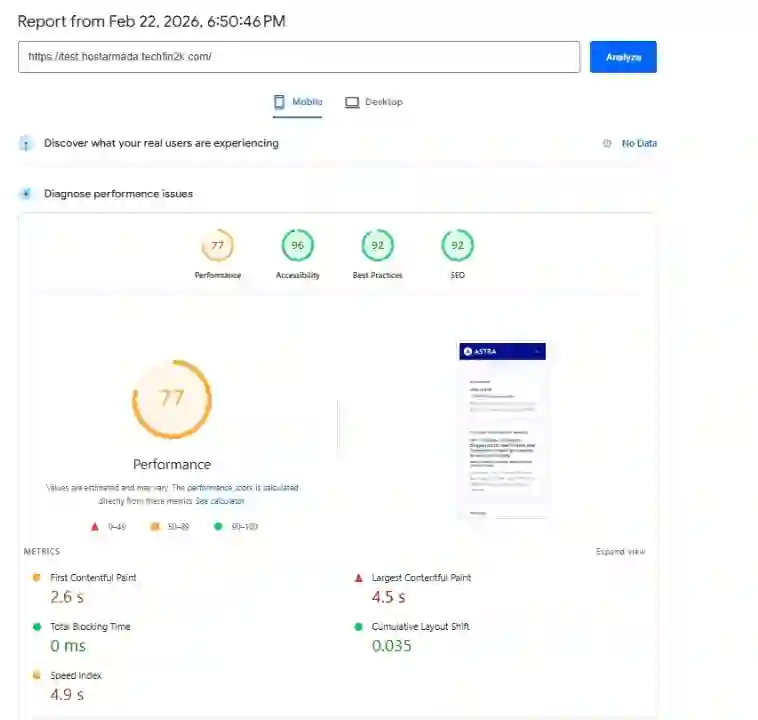 Google PageSpeed mobile results for unoptimized WordPress site with 35 posts and 751 images hosted on HostArmada.