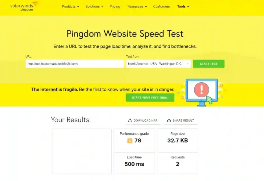 Pingdom speed test results for unoptimized WordPress installation with 35 posts on HostArmada hosting.