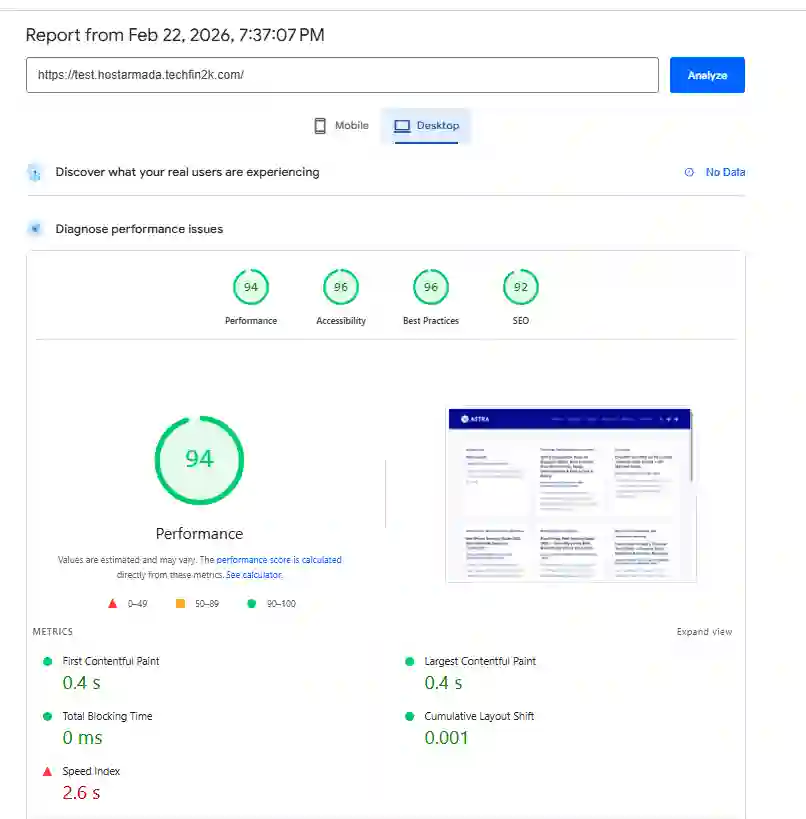 Google PageSpeed desktop results after LiteSpeed Advanced preset optimization on content-heavy WordPress site.