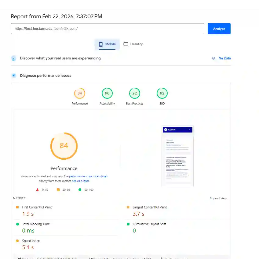 Google PageSpeed mobile performance results after LiteSpeed Advanced preset optimization on HostArmada WordPress site.