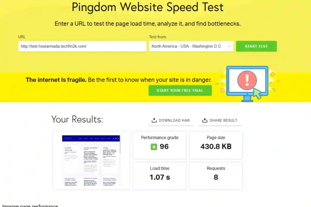 Pingdom speed test after LiteSpeed Advanced preset optimization on HostArmada WordPress site.