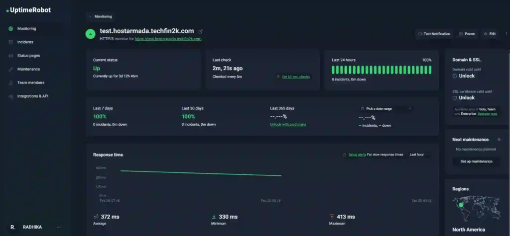 UptimeRobot dashboard showing 100% uptime and 372ms average response time for HostArmada Singapore server.