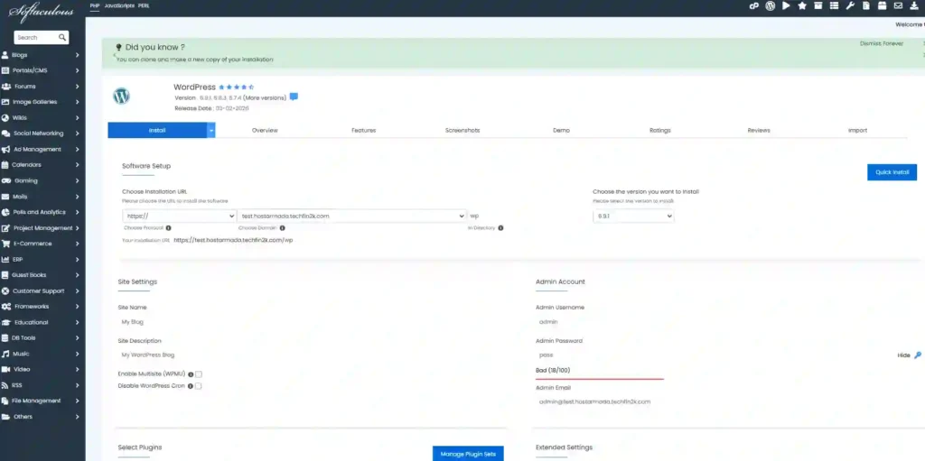 Installing WordPress using Softaculous inside HostArmada cPanel interface.