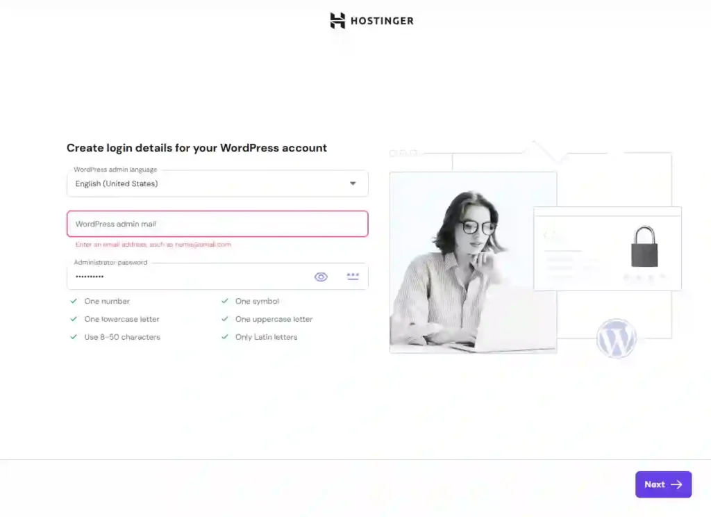 Hostinger WordPress installation screen showing admin email password and language selection