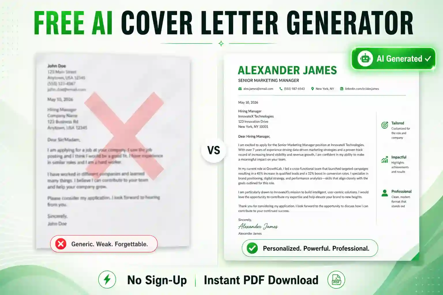 Free AI cover letter generator showing a weak generic letter versus a clean professional AI generated cover letter