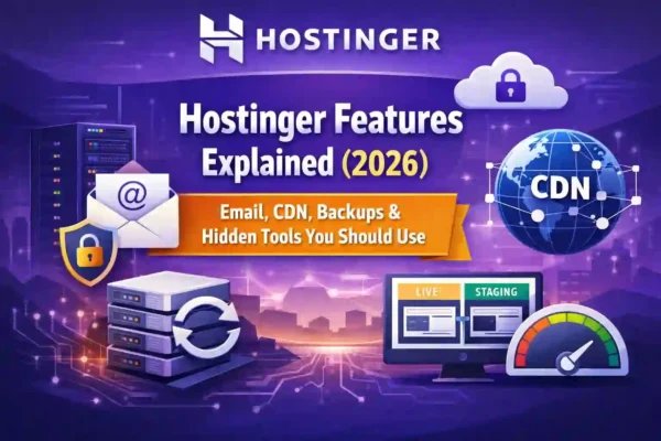 Hostinger features explained 2026 showing email CDN backups staging and performance tools dashboard illustration