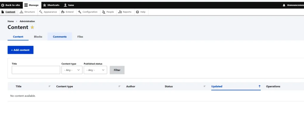 Drupal Content administration page displayed after successfully installing Drupal on Hostinger