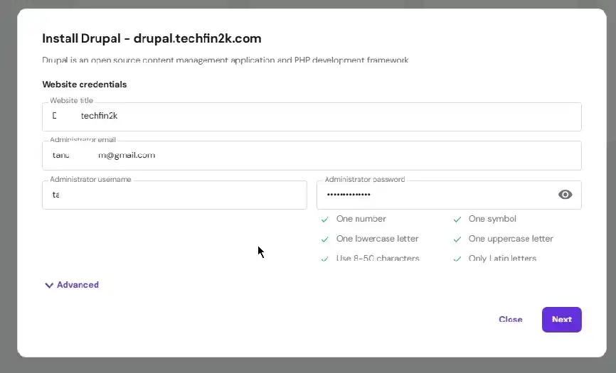Hostinger Drupal installation form showing website title and administrator account fields