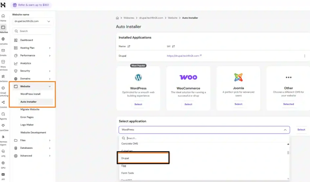 Hostinger Auto Installer showing the Drupal application selected for installation