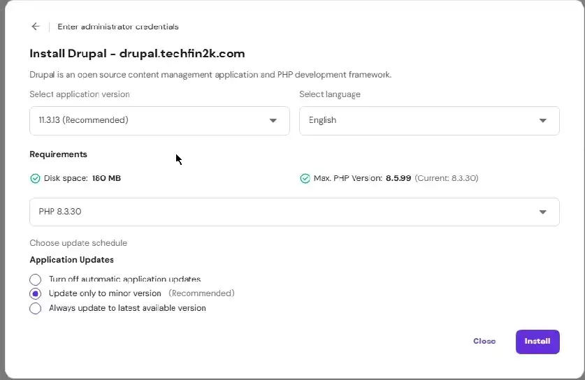Hostinger Drupal installation settings showing Drupal version, PHP version, language, and application update options