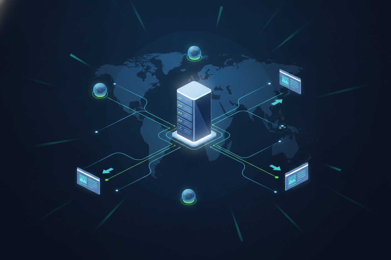 Illustration of a content delivery network serving a WordPress website globally