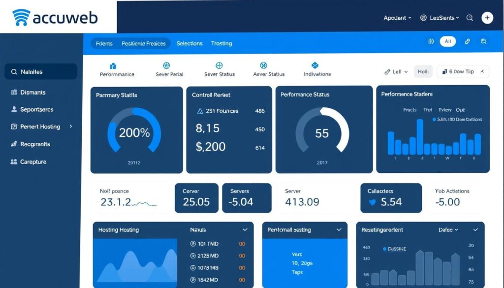 Acuweb Hosting dashboard showing control panel interface with performance metrics and server status