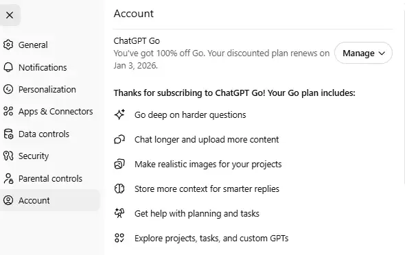 Chat GPT GO showing next billing date as 03.01.2026