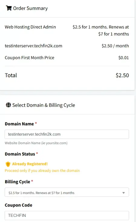 InterServer order form showing the user entering testinterserver.foenix.techfin2k.com
