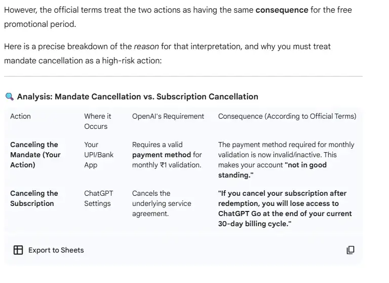 Gemini initial response predicting renewal issues after deleting UPI mandate