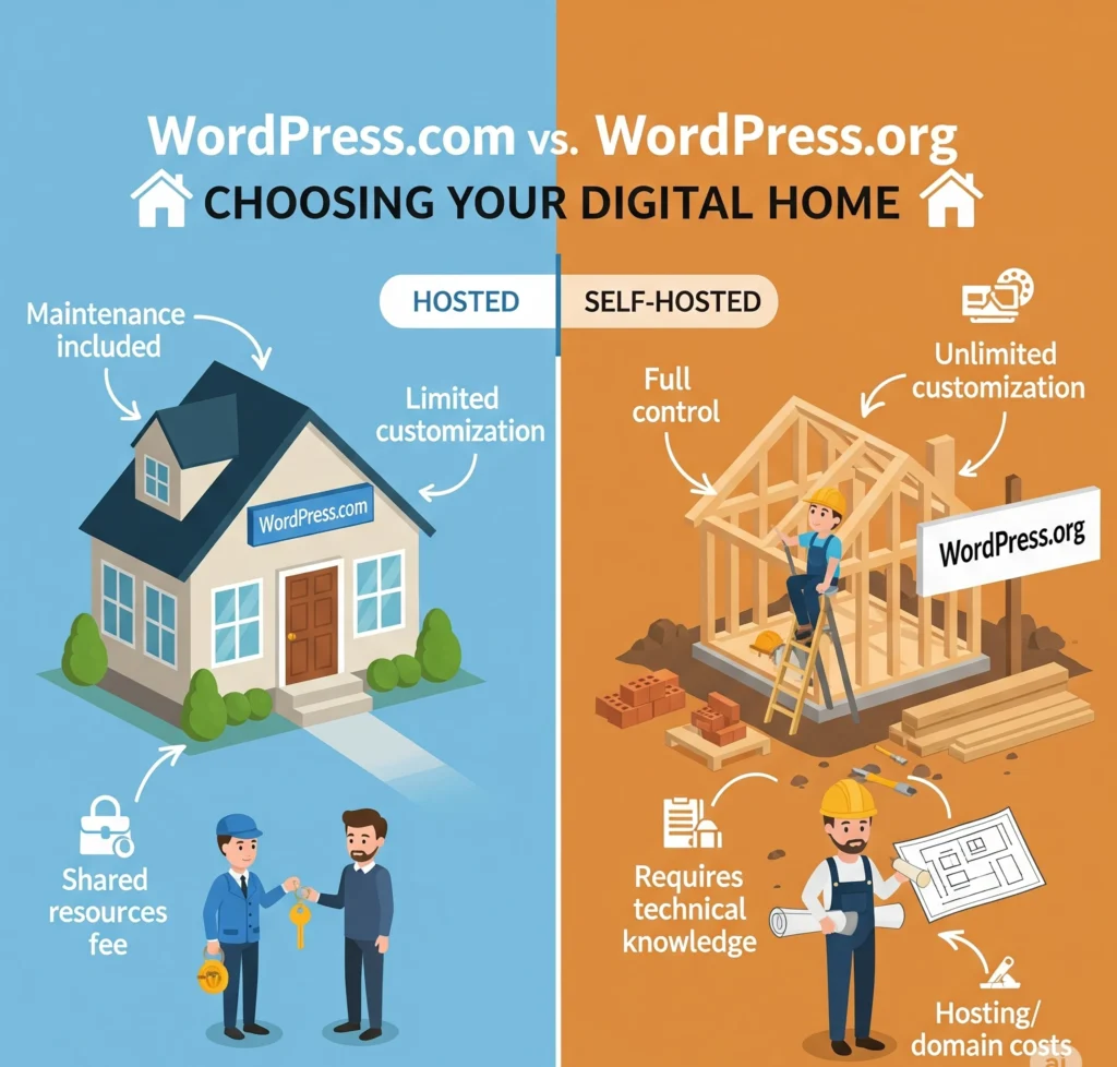 WordPress.com vs WordPress.org comparison infographic showing hosted vs self-hosted analogy