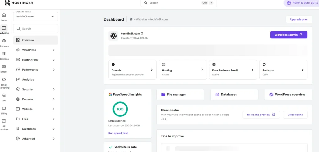 Hostinger hPanel dashboard overview showing hosting plan and quick access menu