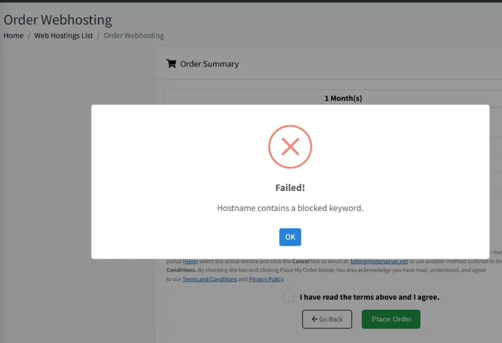 Critical error message stating Hostname contains a blocked keyword