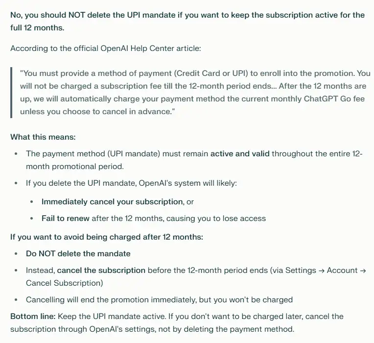 Perplexity initial response warning about potential subscription lapse after mandate removal