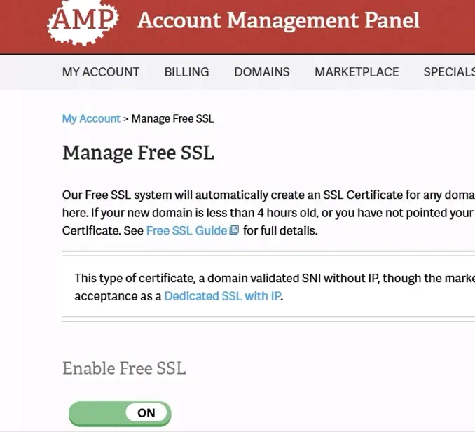 Steps showing how to enable SSL certificate on domain