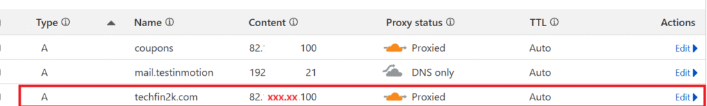 Screenshot 2025-09-14 154246 Screenshot of the Cloudflare DNS settings page showing an A record configured to point the root domain to the correct IP address
