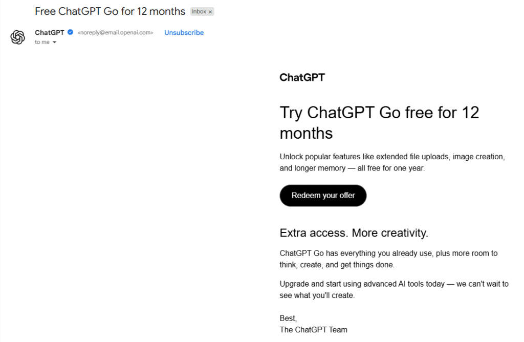 Screenshot of OpenAI’s official email offering 12 months of ChatGPT Go for free with a 100% discount on the ₹399/month plan