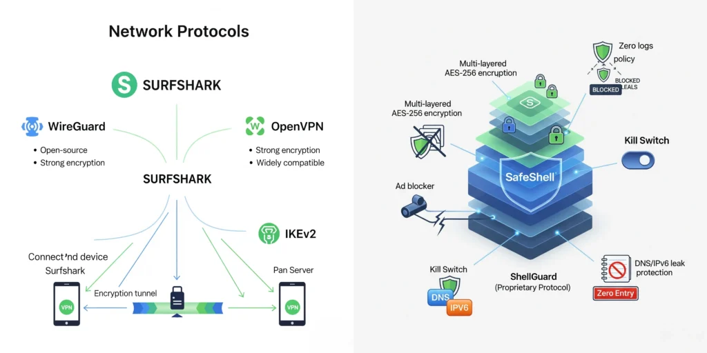 Surfshark Vs SafeShell VPN protocols Surfshark Vs SafeShell VPN protocols