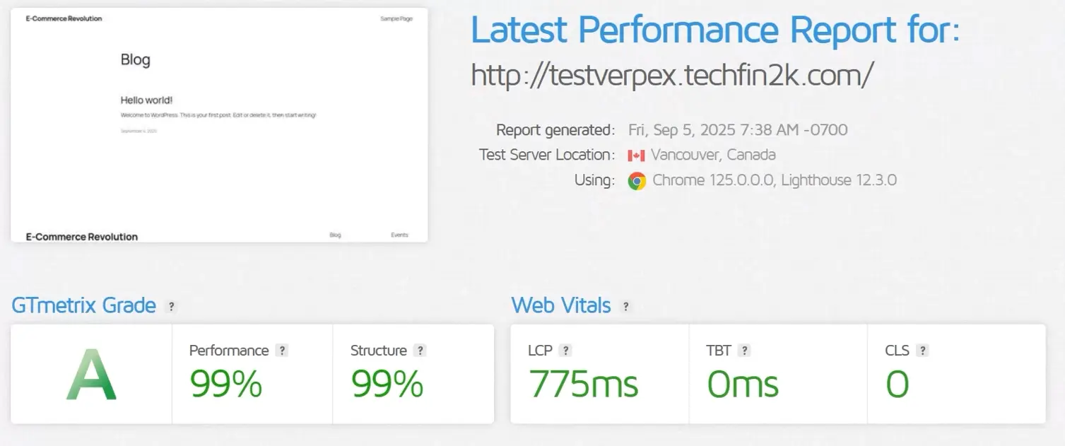 GTmetrix report showing an 'A' grade for performance and structure.