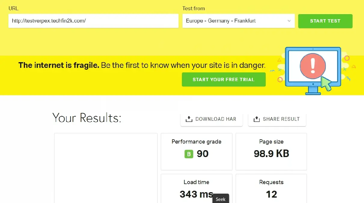 Pingdom test result with an 'A' grade and fast load time.