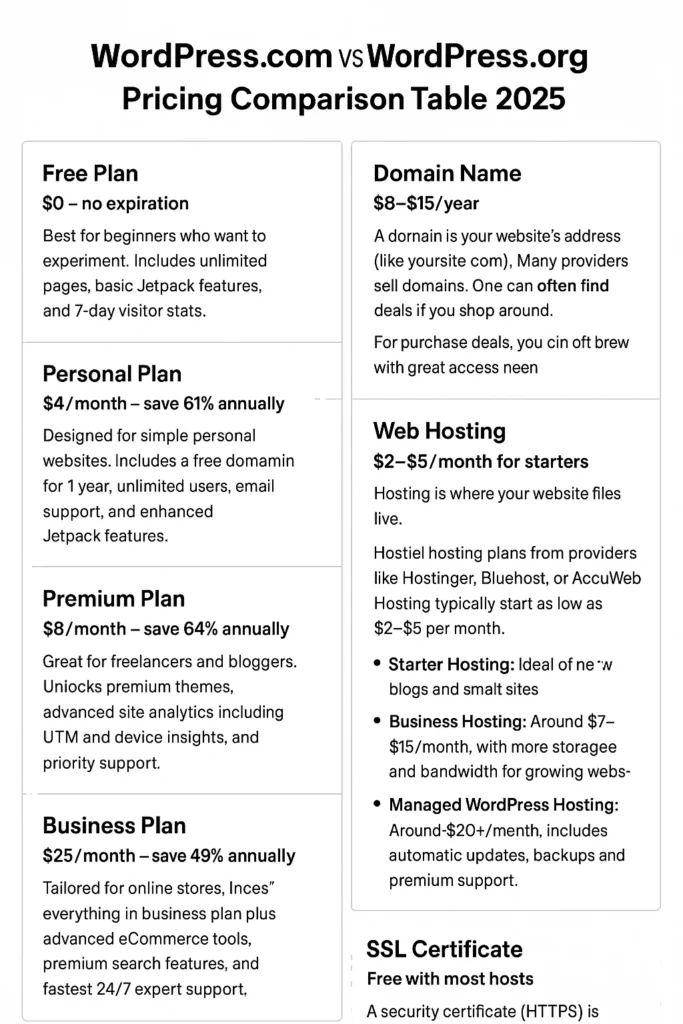 WordPress.com vs WordPress.org pricing comparison table 2025 WordPress.com vs WordPress.org pricing comparison table 2025