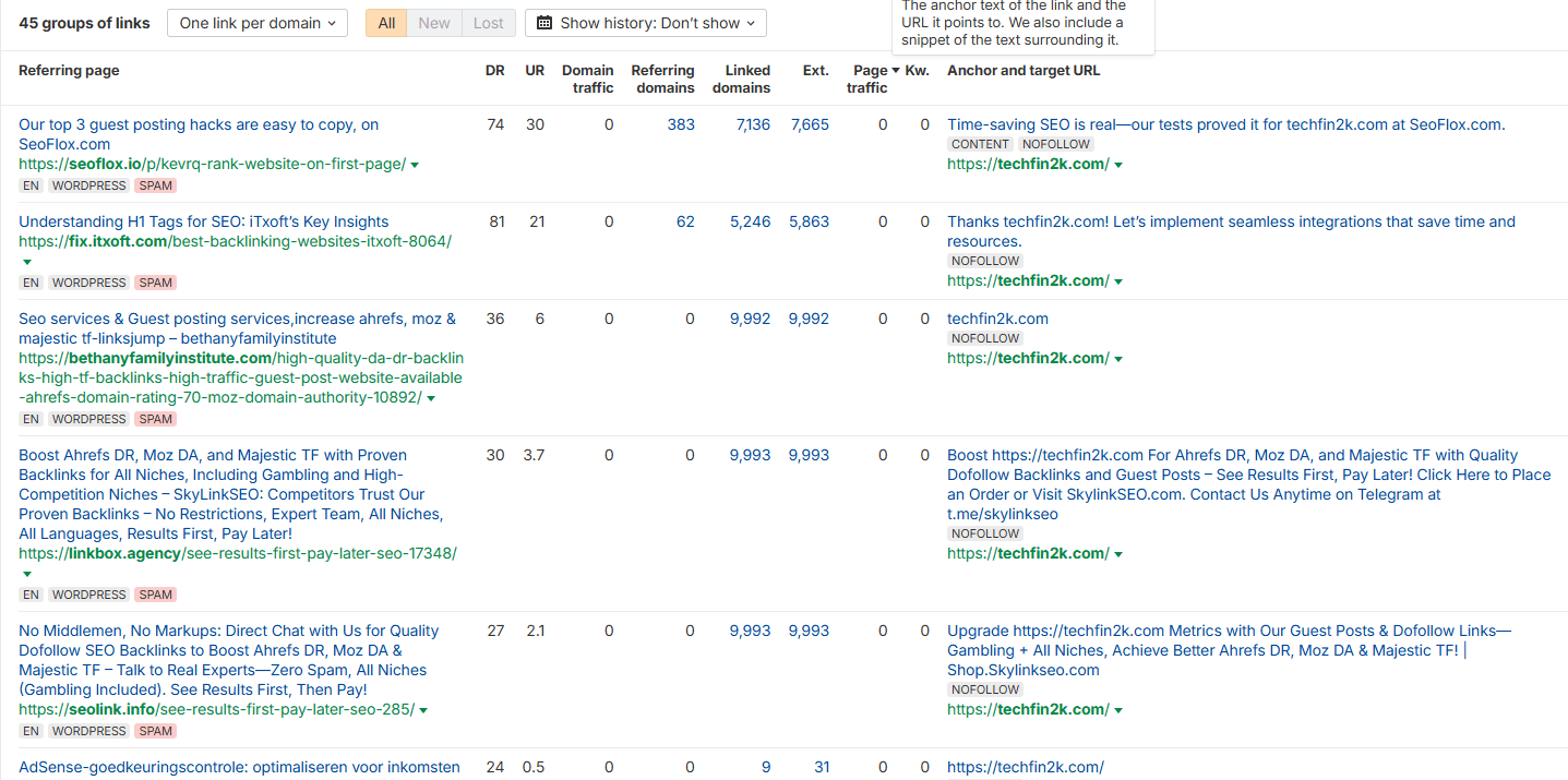Detailed backlink report in Ahrefs showing referring domains, anchor text, and spam links for TechFin2k website