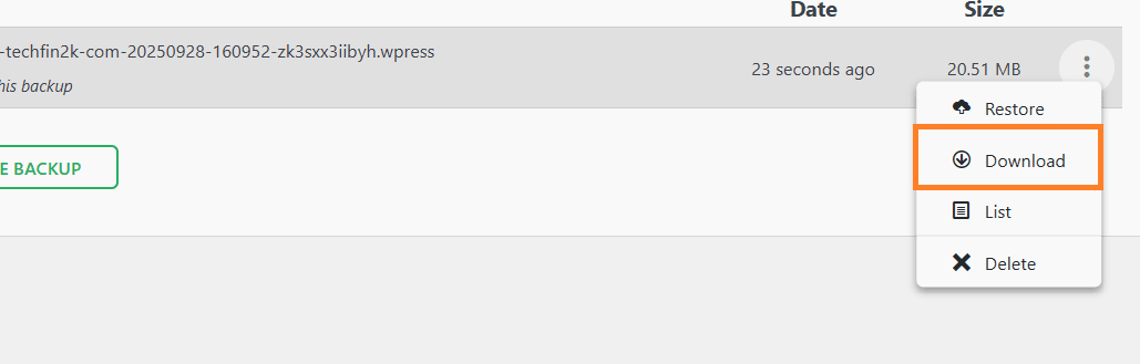Backups screen showing a generated .wpress file and the dropdown menu with the 'Download' option highlighted.