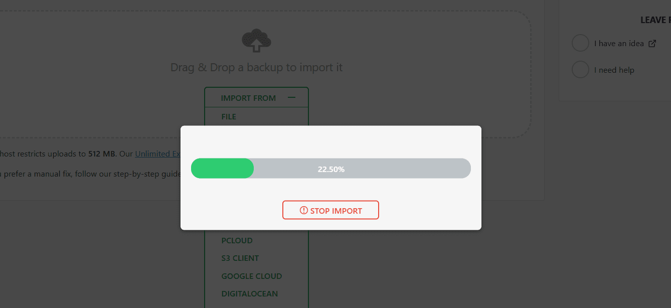 Screenshot of the All-in-One WP Migration upload progress bar during the file import.