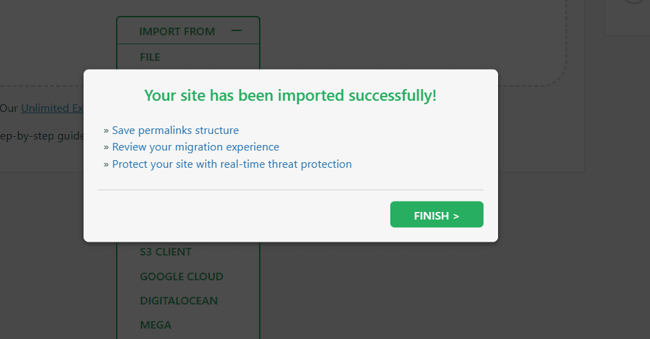 Success confirmation pop-up from All-in-One WP Migration after a successful site import, with the 'FINISH' button visible.