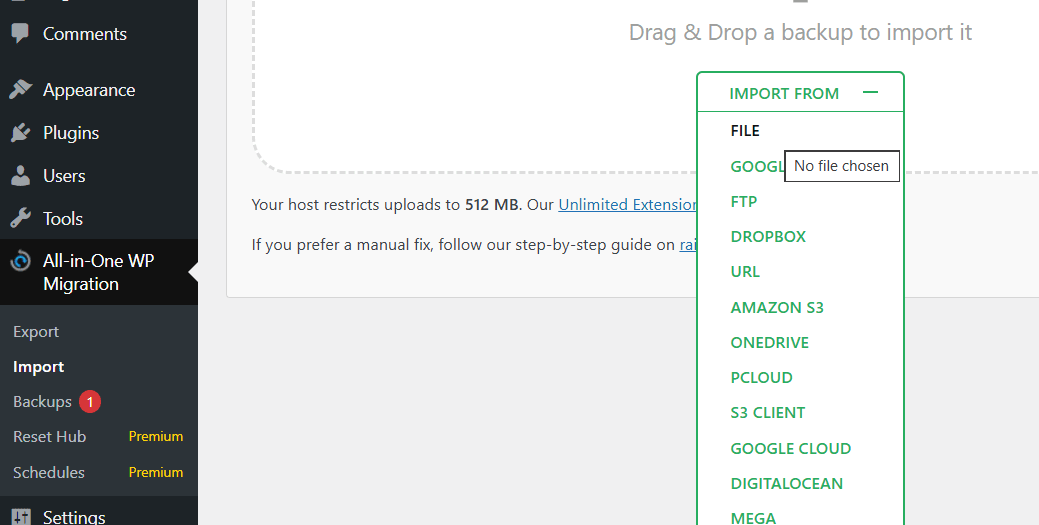 All-in-One WP Migration menu showing 'Import' selected and 'FILE' highlighted as the source to upload the backup.