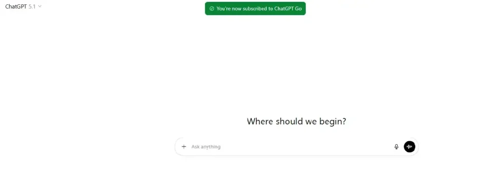 Screenshot showing the successful activation message for ChatGPT Go with ₹0 promotional pricing