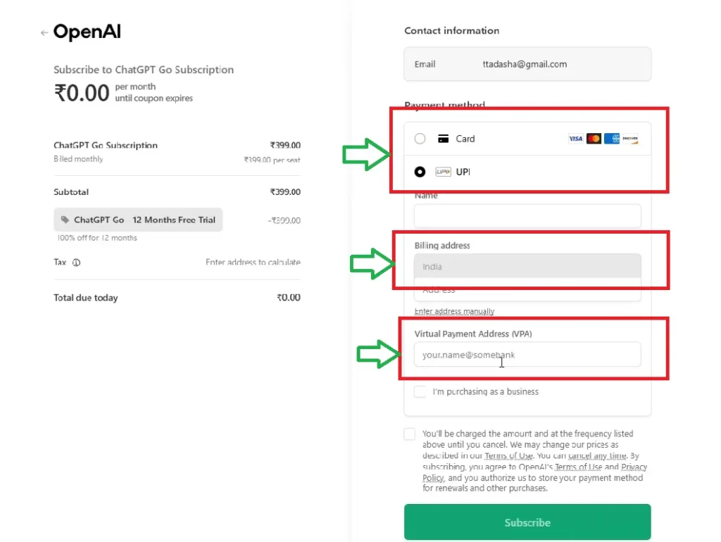 Screenshot showing ChatGPT Go payment setup including payment method selection, billing address entry, and UPI ID input during the ₹0 activation process
