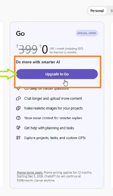 Screenshot showing ChatGPT Go plan with 100% discount applied, price reduced to ₹0 for 12 months