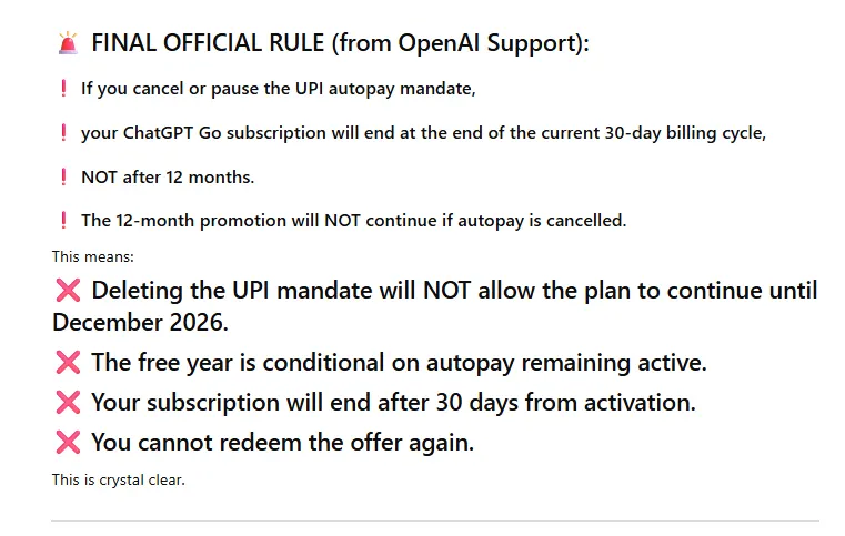 ChatGPT initial response predicting possible cancellation after UPI mandate deletion