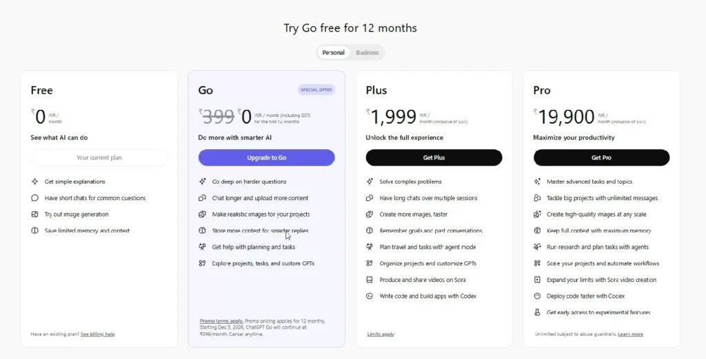 Screenshot showing ChatGPT Free, Go, Plus, and Pro plans with features and pricing
