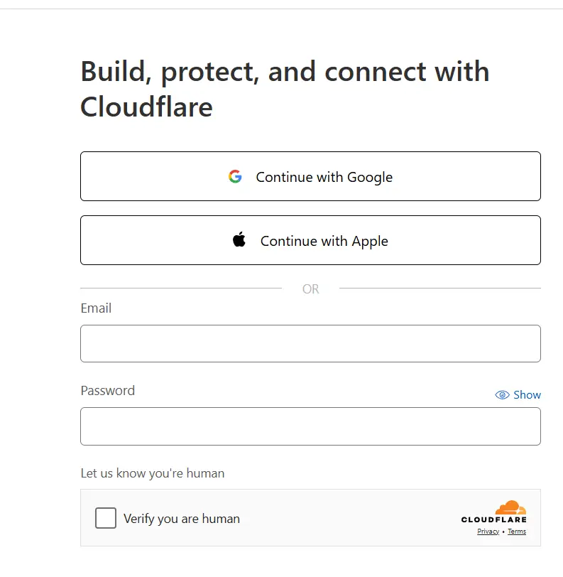 cloudflare-account-signup-page Screenshot of the Cloudflare account creation page, showing the fields for entering an email address and password to sign up