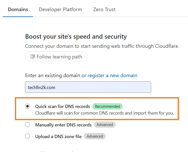 cloudflare-add-domain-and-dns-scan A combined screenshot showing the process of adding 'foenix.techfin2k.com' to Cloudflare and the subsequent selection of 'Quick scan for DNS records' during the setup