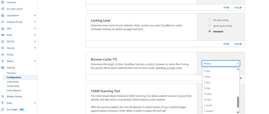 cloudflare-caching-configuration A screenshot of the Cloudflare Caching settings page, showing the Browser Cache TTL set to a longer duration and a custom Page Rule for caching a specific URL