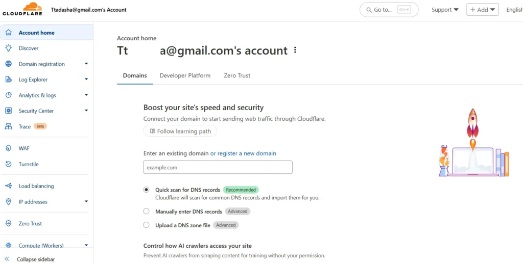 cloudflare-dashboard-interface Screenshot of the Cloudflare dashboard, displaying the main user interface with options to add a new website