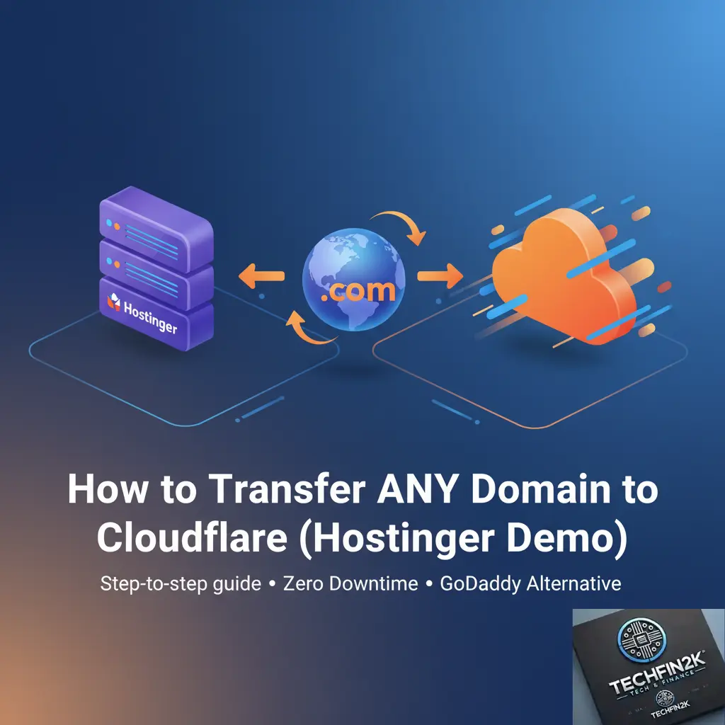Step-by-step guide showing how to transfer domain to Cloudflare with cost savings illustration and process arrows
