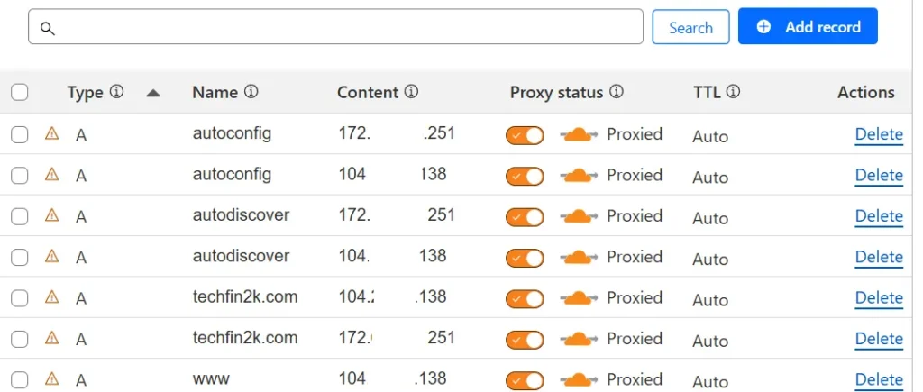 cloudflare-fetched-dns-records Screenshot of the Cloudflare interface automatically displaying the existing DNS records for the domain foenix.techfin2k.com after a successful scan
