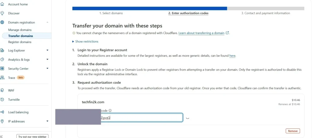 cloudflare-registrar-enter-epp-code-for-transfer Screenshot of the Cloudflare domain transfer screen with the Authorization Code (EPP code) entered into the required field and a button to confirm the code