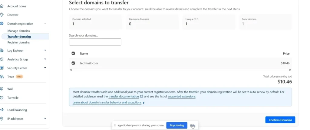 cloudflare-registrar-select-domains-to-transfer Screenshot of the Cloudflare dashboard's 'Transfer domains' section, showing 'foenix.techfin2k.com' selected for transfer and awaiting confirmation, with the total price displayed