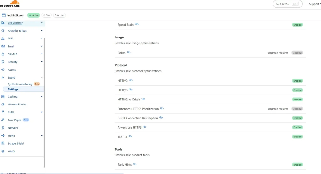 cloudflare-speed-optimization-settings A screenshot of the Cloudflare dashboard's Speed and Optimization sections, showing that Auto Minify, Speed Brain, and Early Hints have all been enabled