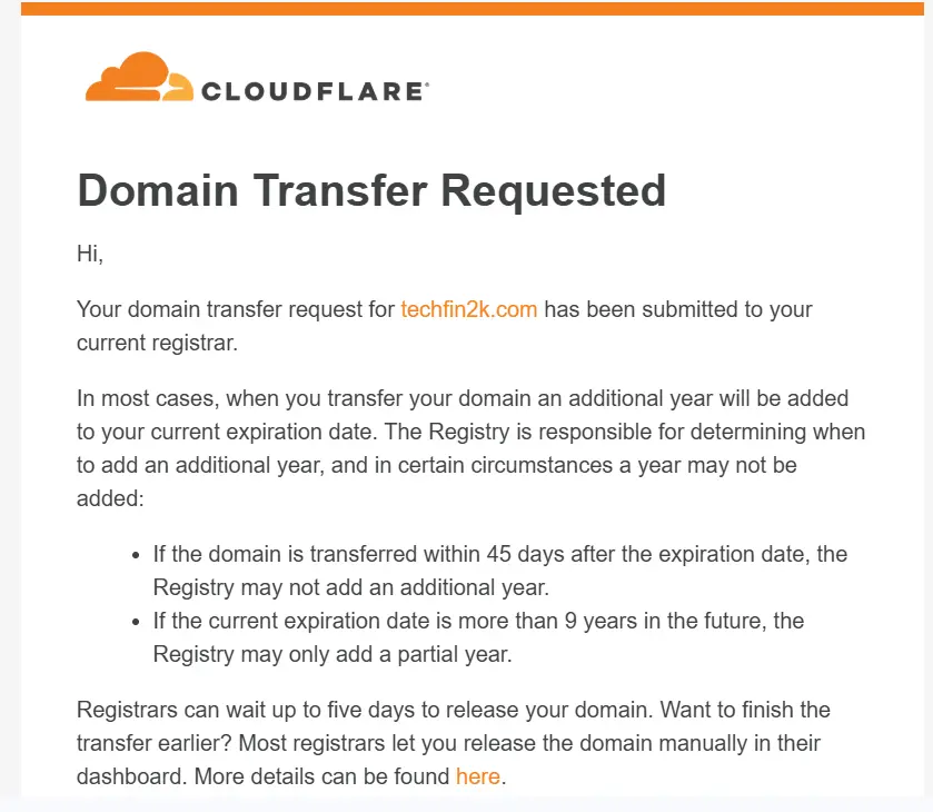 cloudflare-transfer-underway-confirmation-email Screenshot of the confirmation email from Cloudflare Registrar with the subject 'Domain Transfer Underway' indicating the domain transfer process has been successfully initiated
